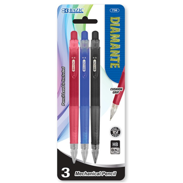Diamante Mechanical Pencil 0.5 Soft Grip 3Pk 1CT