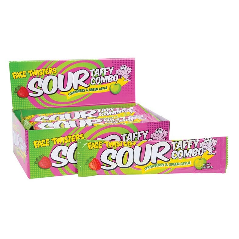 Face Twisters Sour Taffy Combo Strawberry & Green Apple 2 Oz 24CT