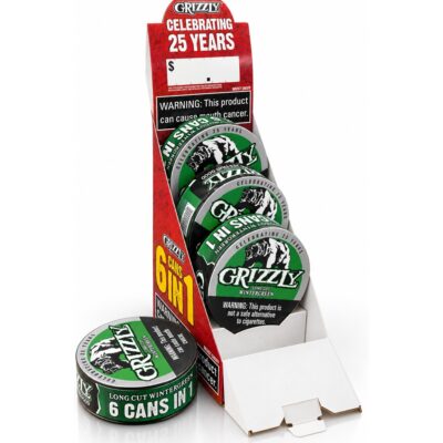GRIZZLY MOIST SNUFF 6 CAN IN 1 WINTERGREEN LONG CUT 4CT