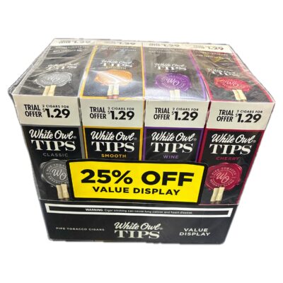 WHITE OWL TIPS 2/1.29 MULTI FLAVOR PACK DISPLAY 2PK 15 CT CLASSIC,SMOOTH,WINE AND CHERRY.