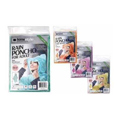 HOMESTYLE RAIN PONCHO POLYTHINLENE WITH HOOD FOR ADULT SIZE: 52 X 80 1 CT